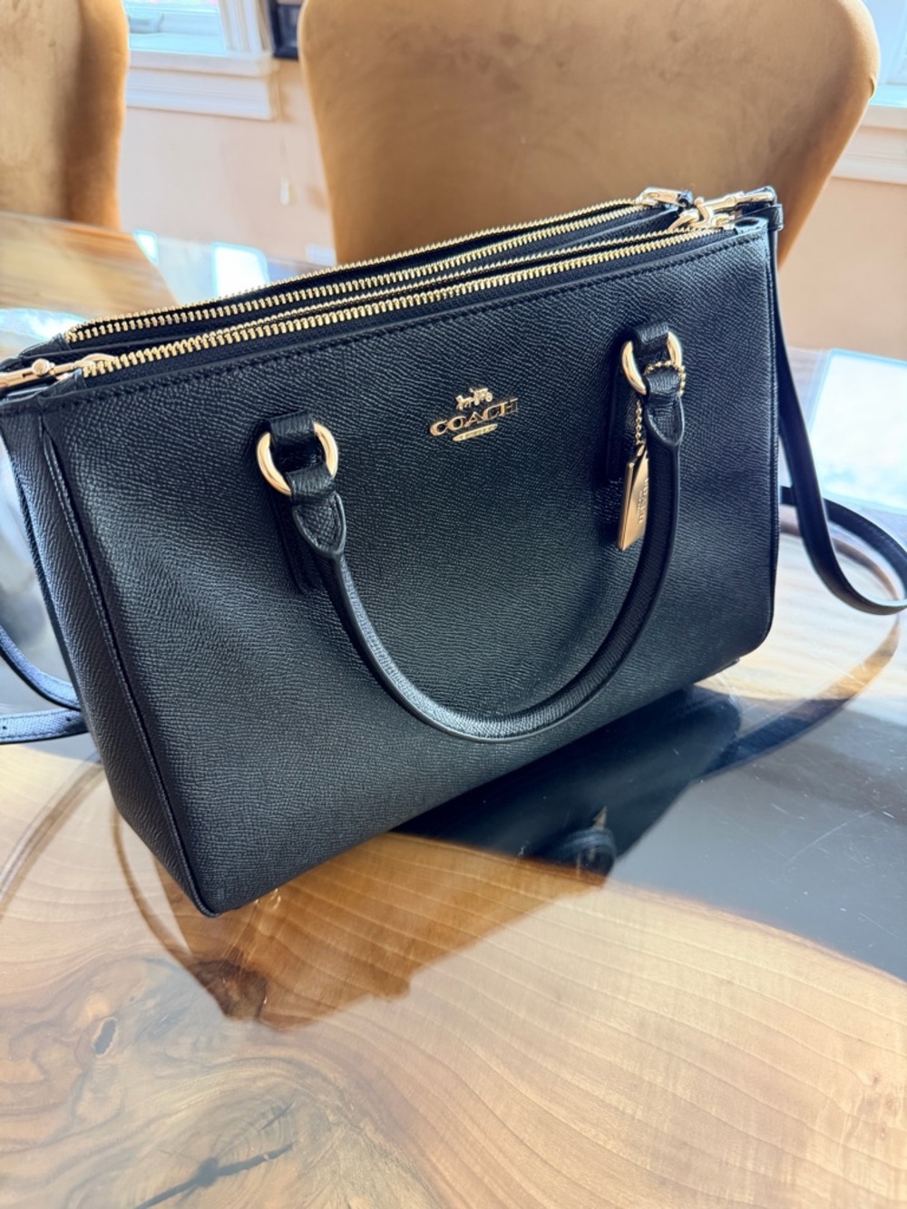 Coach Black Saffiano Leather Double Zip Satchel with Gold Hardware